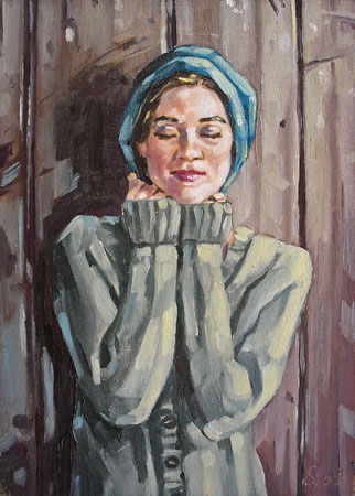 084-Frau-mi-blauer-Muetze-2009-Oel-Lw-Holz-18x13cm