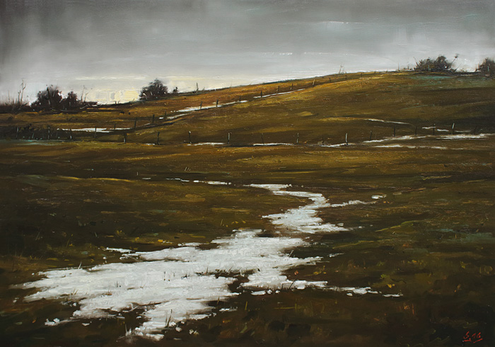 209-Winterspuren-anbrechende-Nacht-2016-Oel-Lw-70x100cm