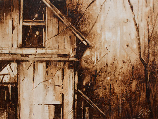 0232-Nostalghia-Schuppen-im-Wald-2024-Oel-Lw-Holz-18x24cm