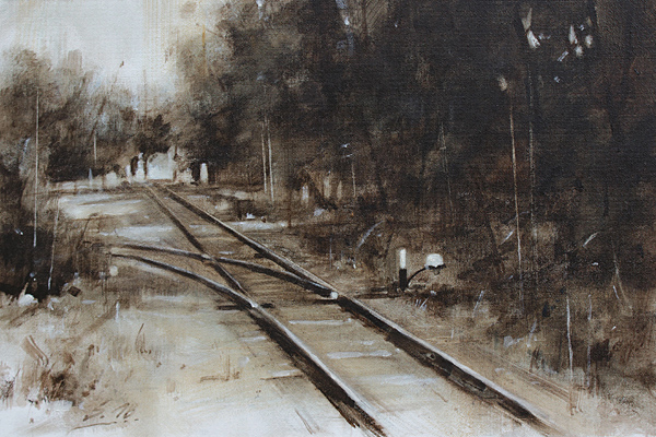 0011-Nostalghia-Gleise-am-Waldrand-2018-Tempera-Lw-Holz-20x30cm