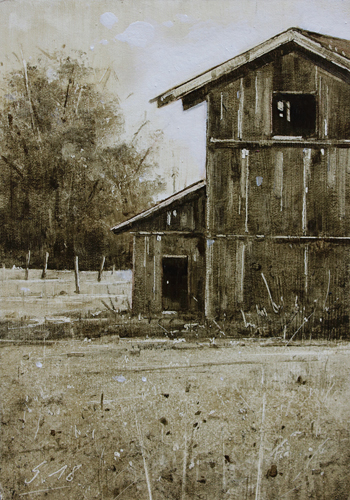 0088-Nostalghia-Scheune-mit-Vorbau-2018-Oel-Karton-20x14cm