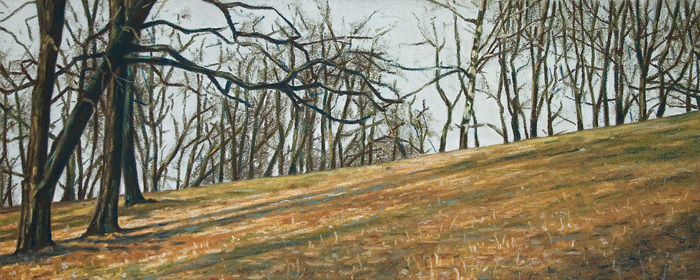 032-Ansicht-mt-Baeumen-I-2003-Pastell-Kt-Holz-20x50cm