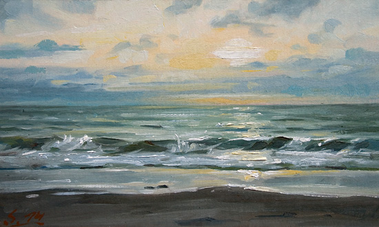 147-Bergen-aan-Zee-Brandung-bei-Sonnenuntergang-III-2014-Oel-Kt-15x25cm