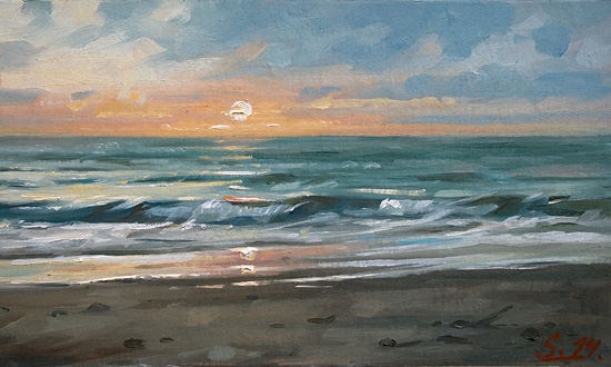 148-Bergen-aan-Zee-Brandung-bei-Sonnenuntergang-II-2014-Oel-Kt-15x25cm