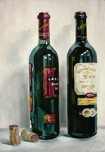 013-Zwei-Weinflaschen-2009-Oel-Holz-20x14cm