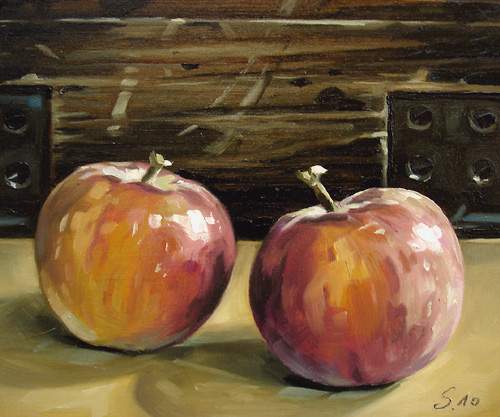 020-Zwei-Aepfel-2010-Oel-Holz-12,5x15cm
