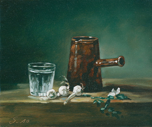 024-Verre-d-eau-et-cafetiere-nach-Chardin-2010-Oel-Holz-12.5x15cm