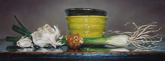 033-Schaelchen-mit-Fruehlingszwiebel-2011-Oel-Holz-15x40cm