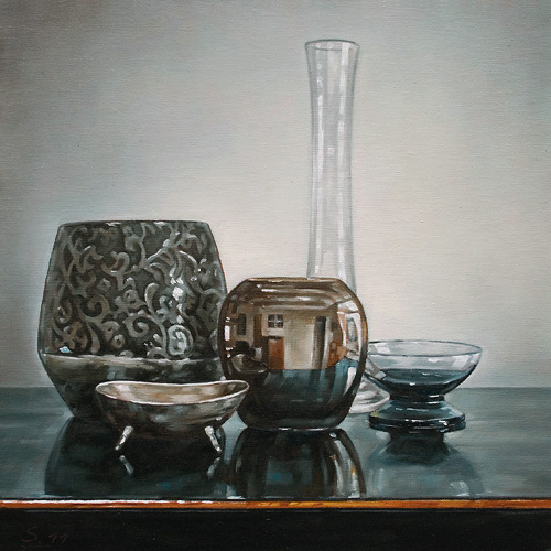 040-Gefaesse-mit-Spiegelungen-2011-Oel-Lw-Holz-30x30cm