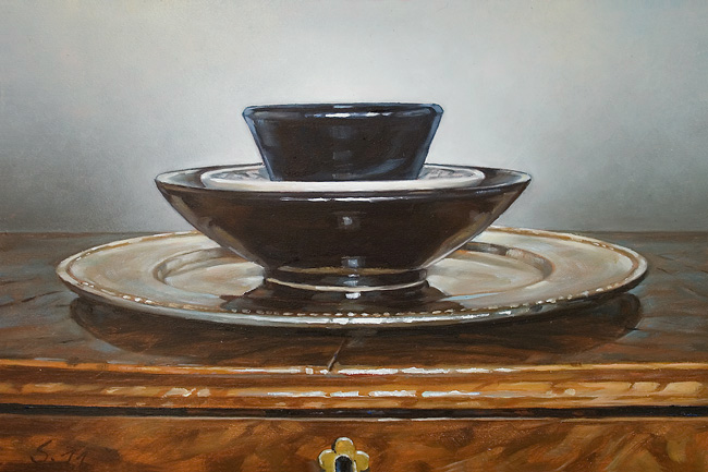 045-Tablett-mit-Schaelchen-2011-Oel-Holz-20x30