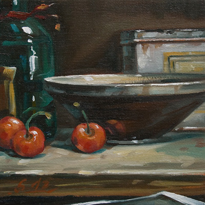 060-Gefaesse-mit-Kirschen-2012-Oel-Lw-Karton-15x15cm