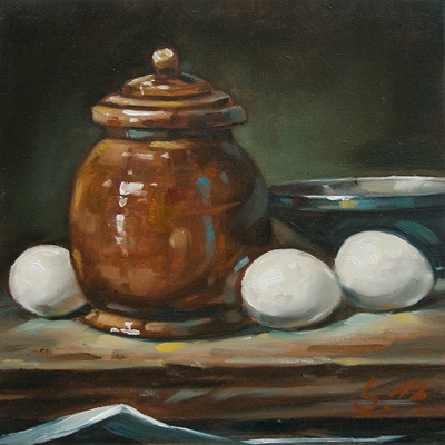 065-Steingutgefaesse-mit-Eiern-2012-Oel-Holz-15x15cm