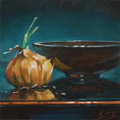 074-Zwiebel-mit-Schaelchen-2012-Oel-Holz-15x15cm