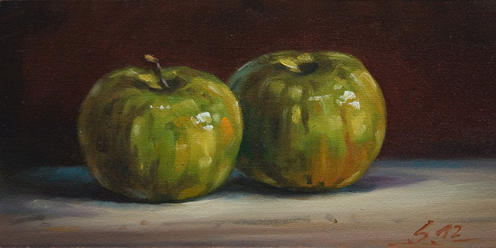 081-Zwei-gruene-Aepfel-2012-Oel-Lw-Holz-10x20cm
