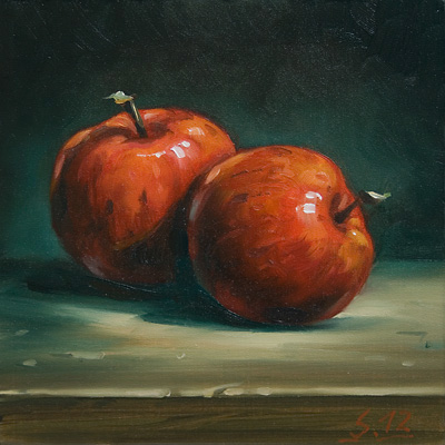 085-Zwei-rote-Aepfel-2012-Oel-Holz-15x15cm