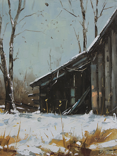 078-Alte-Scheune-im-Winter-I-2020-Oel-Holz-24x18cm