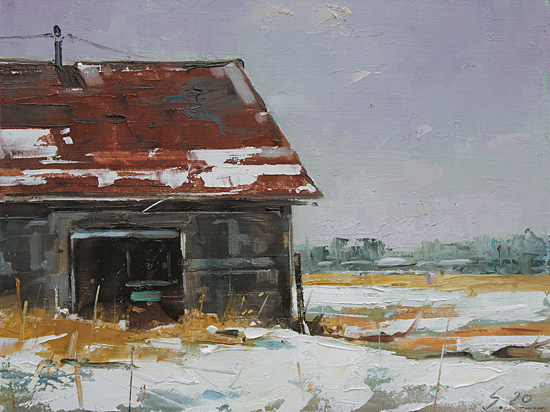 079-Alte-Scheune-im-Winter-II-2020-Oel-Holz-18x24cm