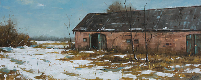 080-Alte-Scheune-im-Winter-III-2020-Oel-Holz-18x45cm
