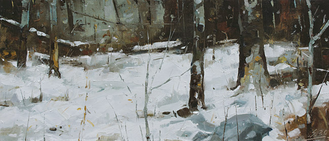 107-Schnee-im-Wald-I-2020-Oel-Lw-Holz-15x35cm
