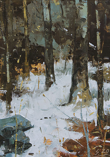 111-Schnee-im-Wald-II-2020-Oel-Holz-20x14cm
