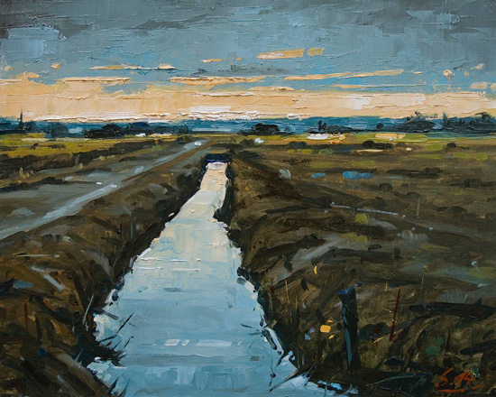 003-Torfgraben-im-Abendlicht-2014-Oel-Holz-24x30cm